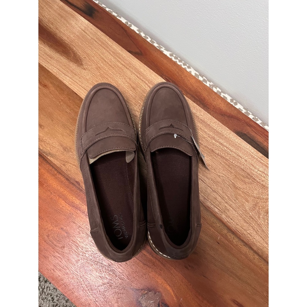 TOMS Lug Loafers Womens 8 Brown Leather Platform Penny Loafer Lug Sole 10018357
